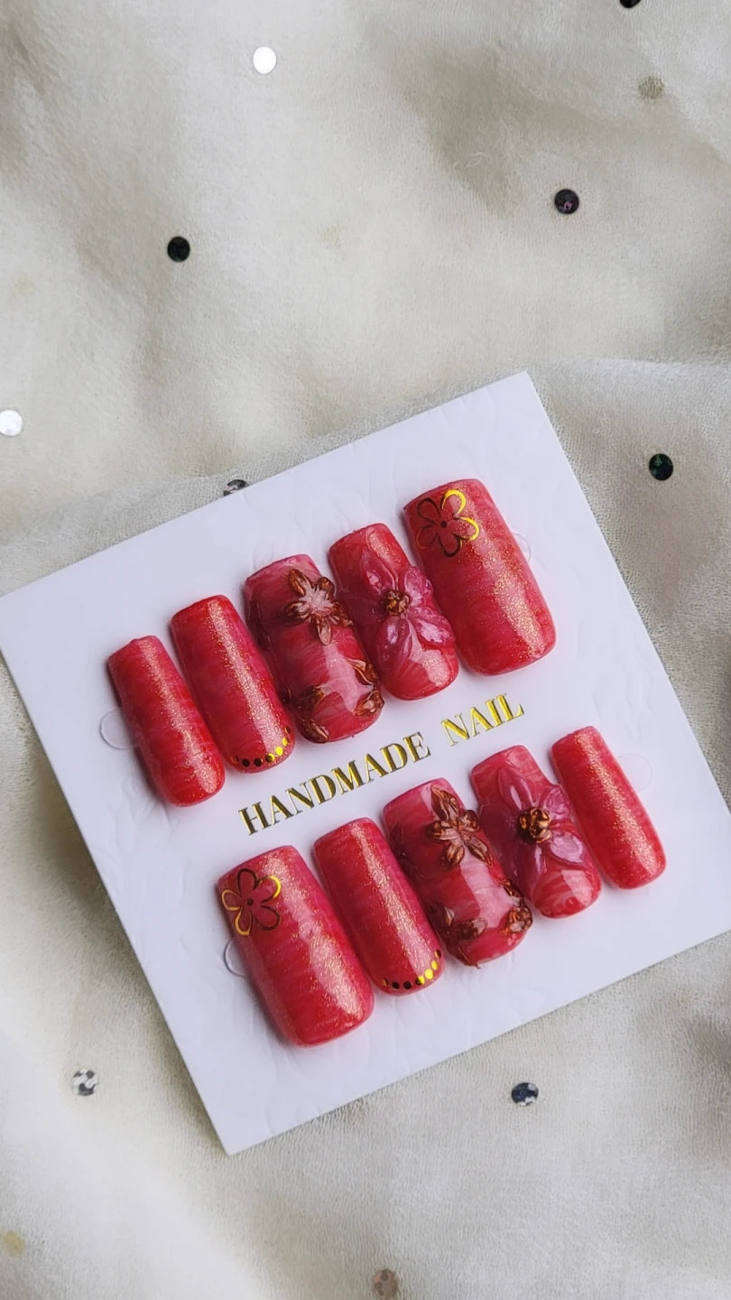 Handmade Press-On Nails - Bright Pink and touch of redFloral Set