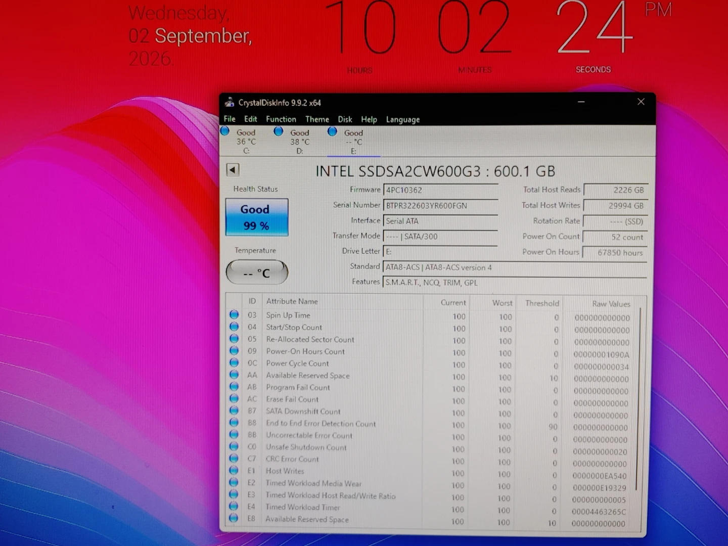 600gb Ssd Sata Intel ( 99% health ) - photo 3