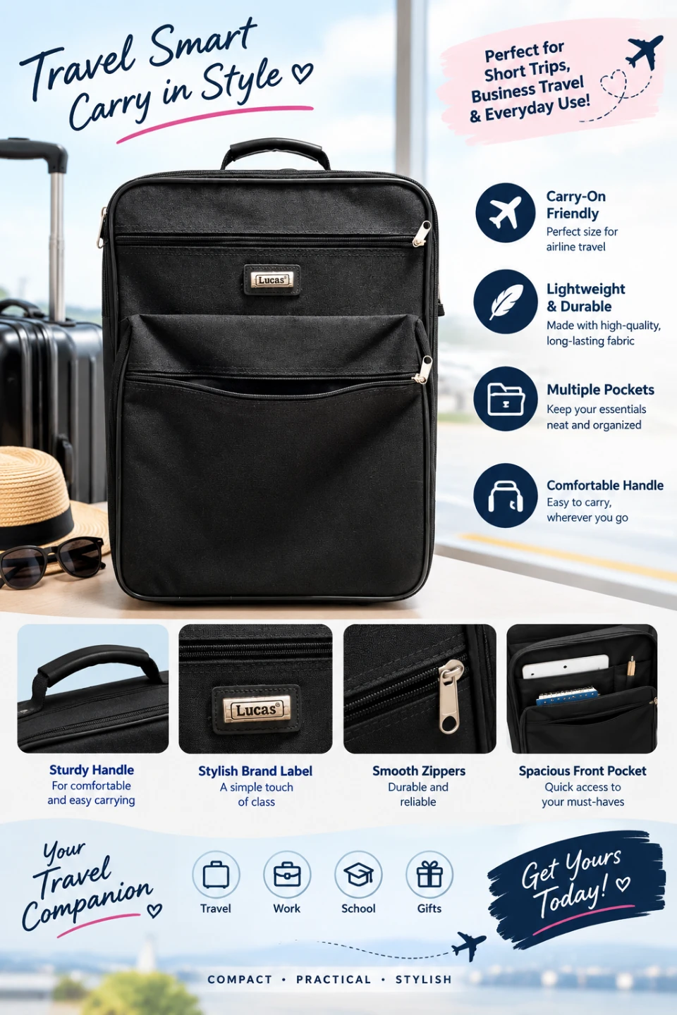 🧳2 Wheels Black Carry-On Luggage🧳