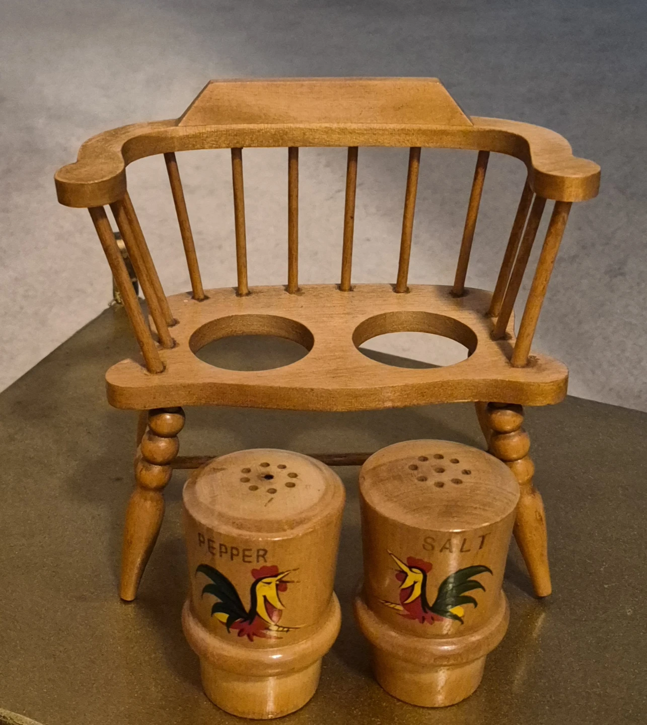 Vintage Wooden Rooster Salt and Pepper Shakers with Bench - photo 2
