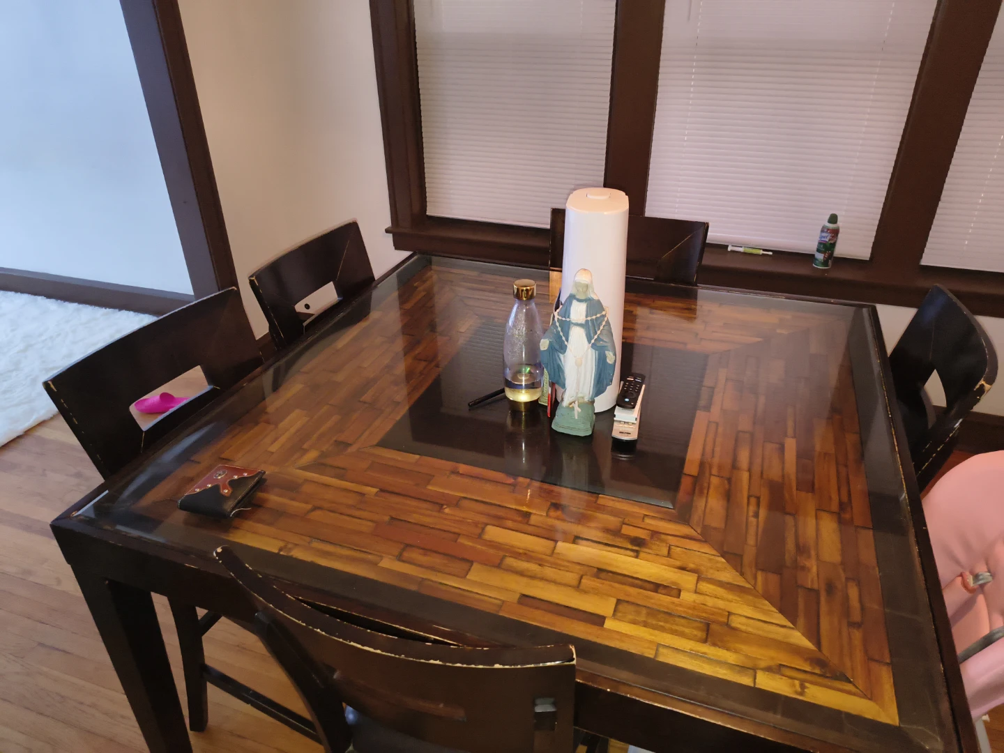Wooden Dining Table with Glass Top and Chairs
