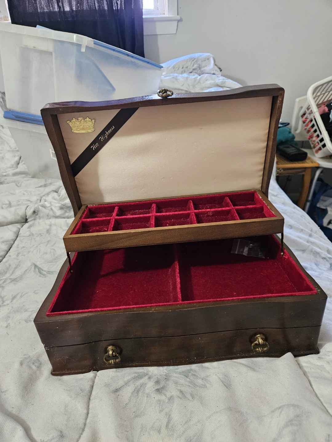 Vintage Wooden Jewelry Box with "Her Highness" Ribbon