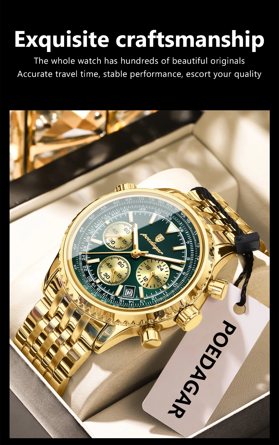 Poedagar Gold Tone Green Dial Chronograph Watch - photo 4