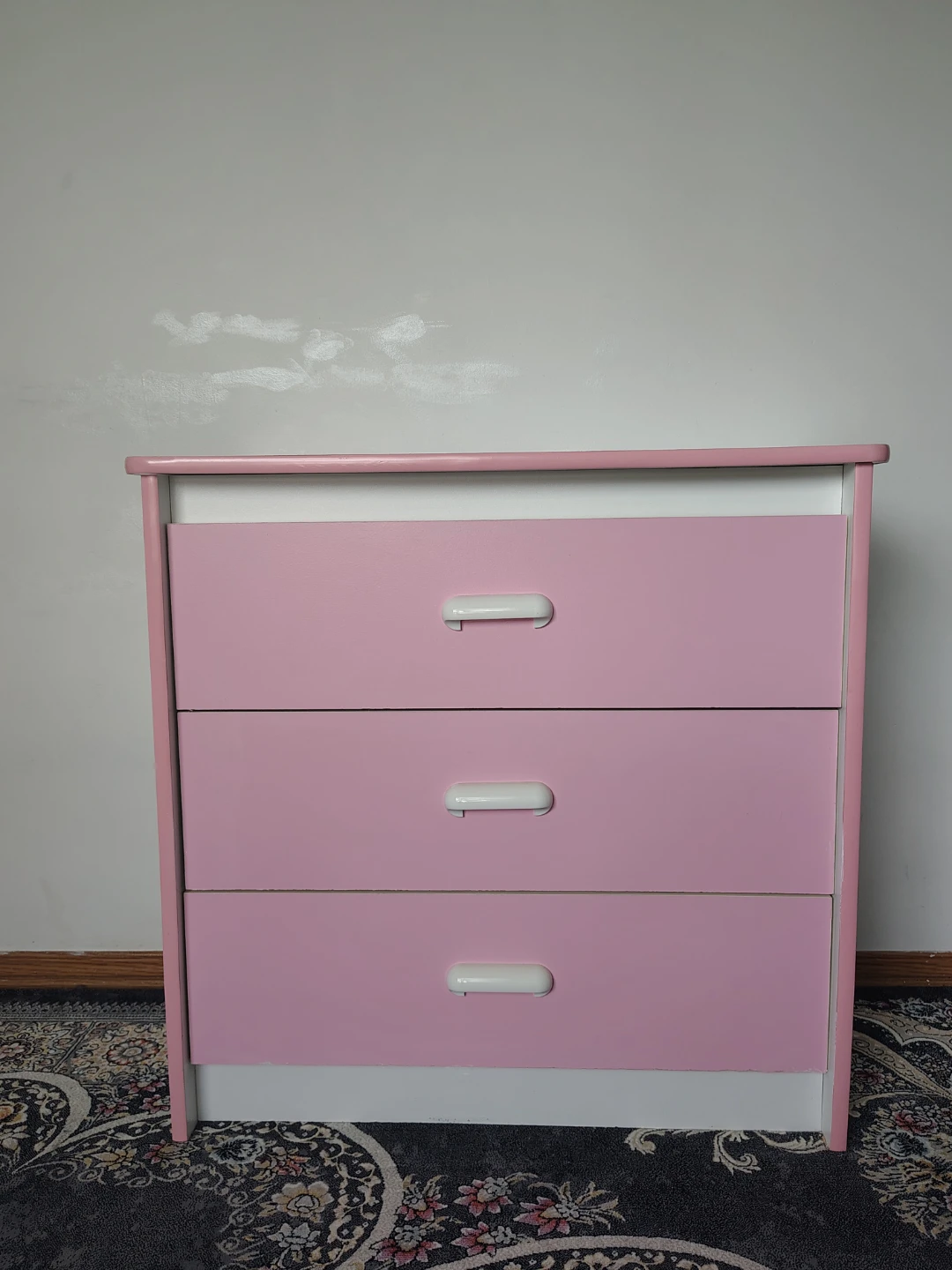 Pink and White Three-Drawer Dresser