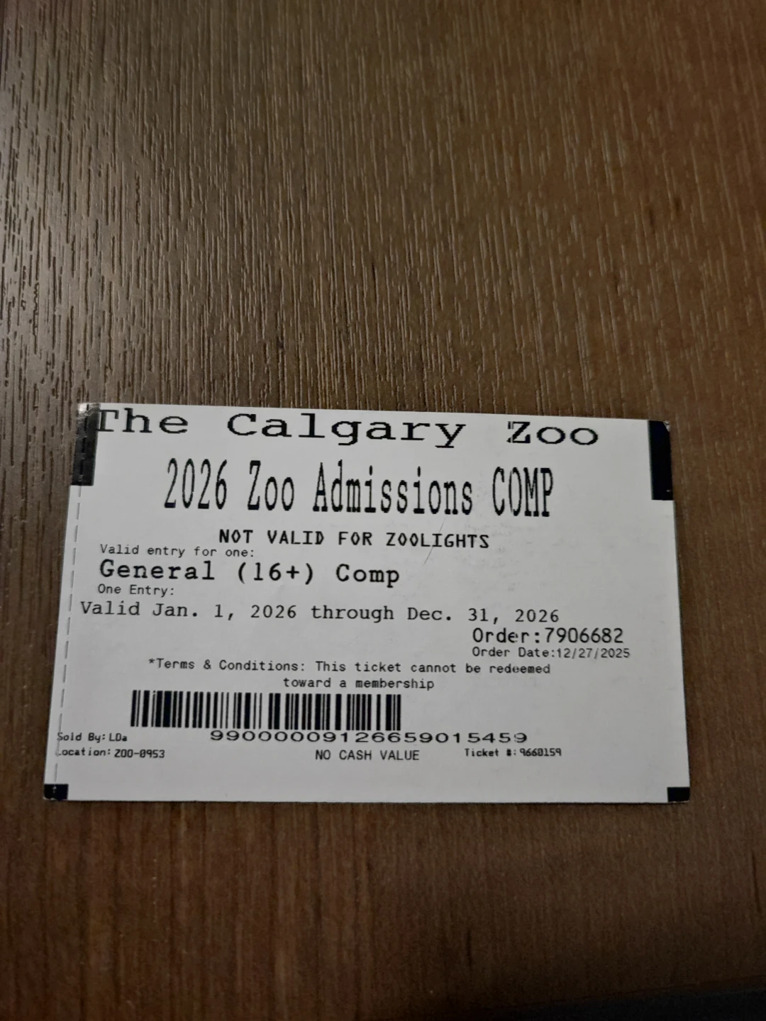 Calgary Zoo 2026 General Admission Comp Ticket