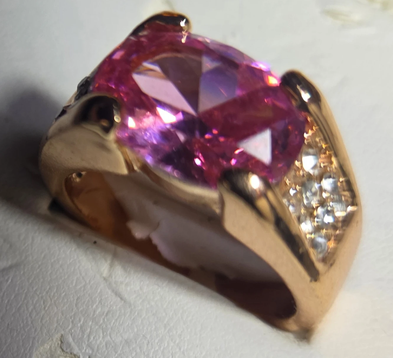 Man's gold plate NEW ring with faux pink topaz size 10