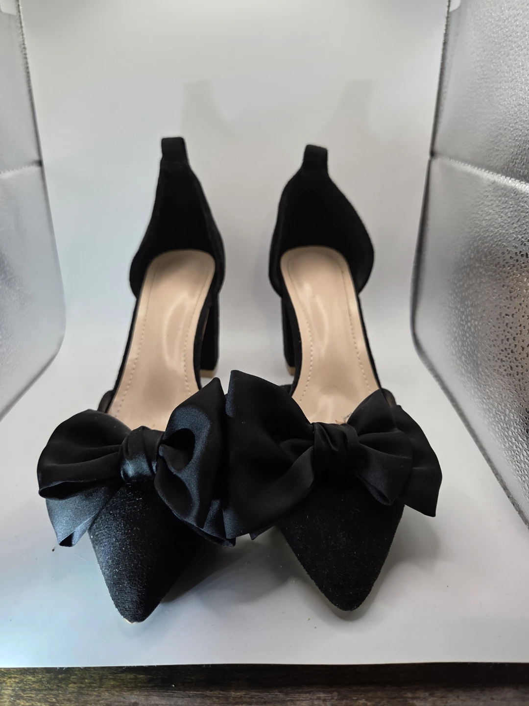 Black Suede Bow Block Heels