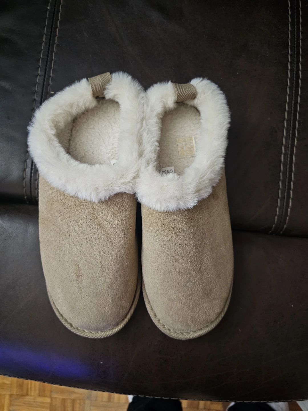 Tan Suede Slippers with White Faux Fur Trim - photo 5