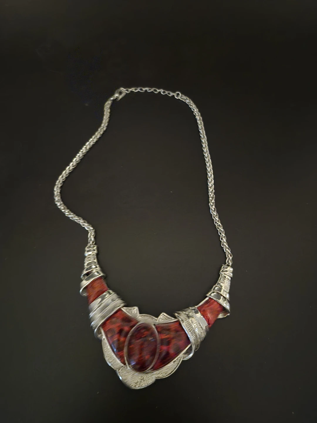 Silver-Tone Statement Necklace with Red Details