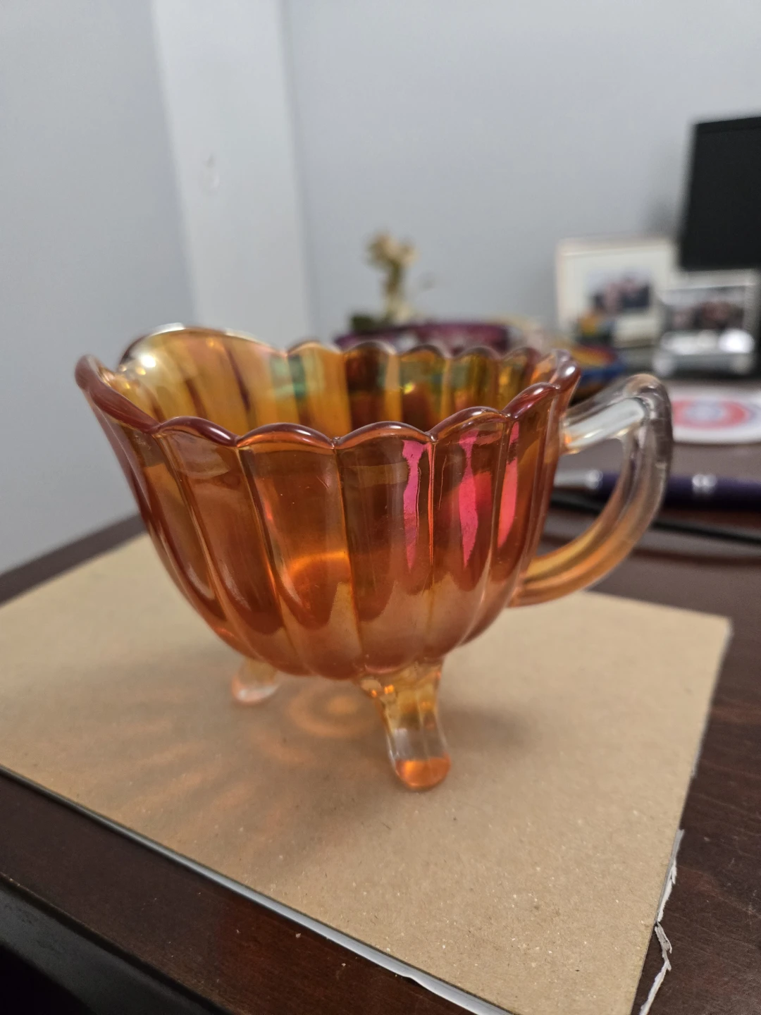 Marigold Carnival Glass Footed Creamer