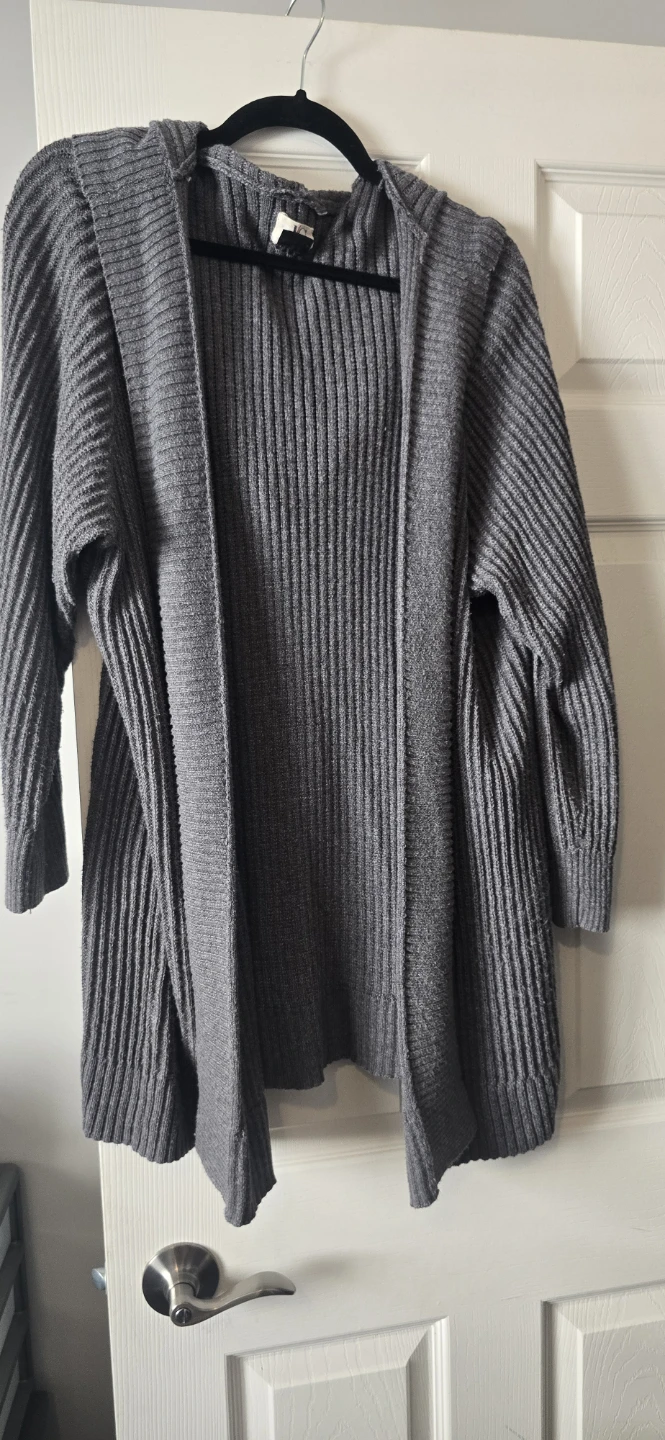 Grey Ribbed Knit Hooded Cardigan 2x