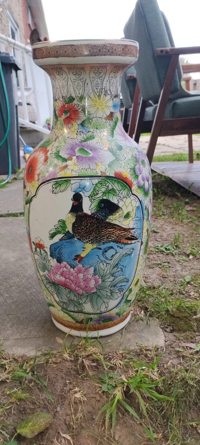 Vintage Floral and Bird Porcelain Vase
