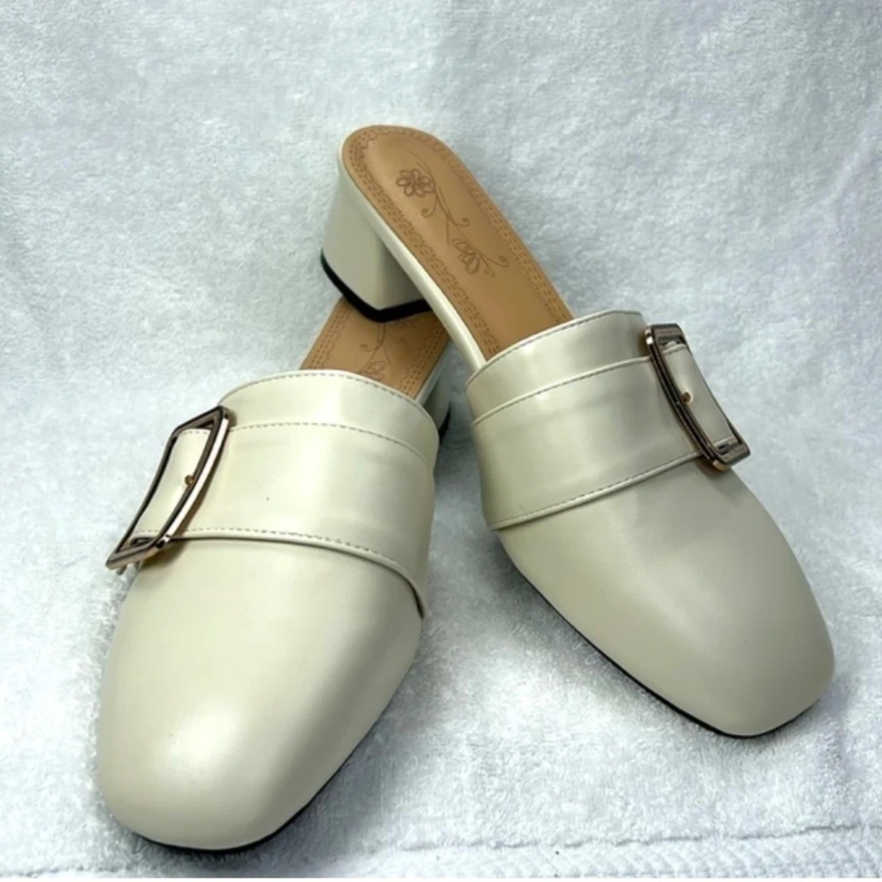 Cream Heeled Mules with Buckle Detail Size 12.5