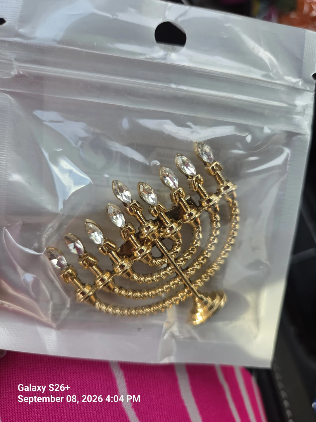 Gold-tone Menorah Pin with Crystals