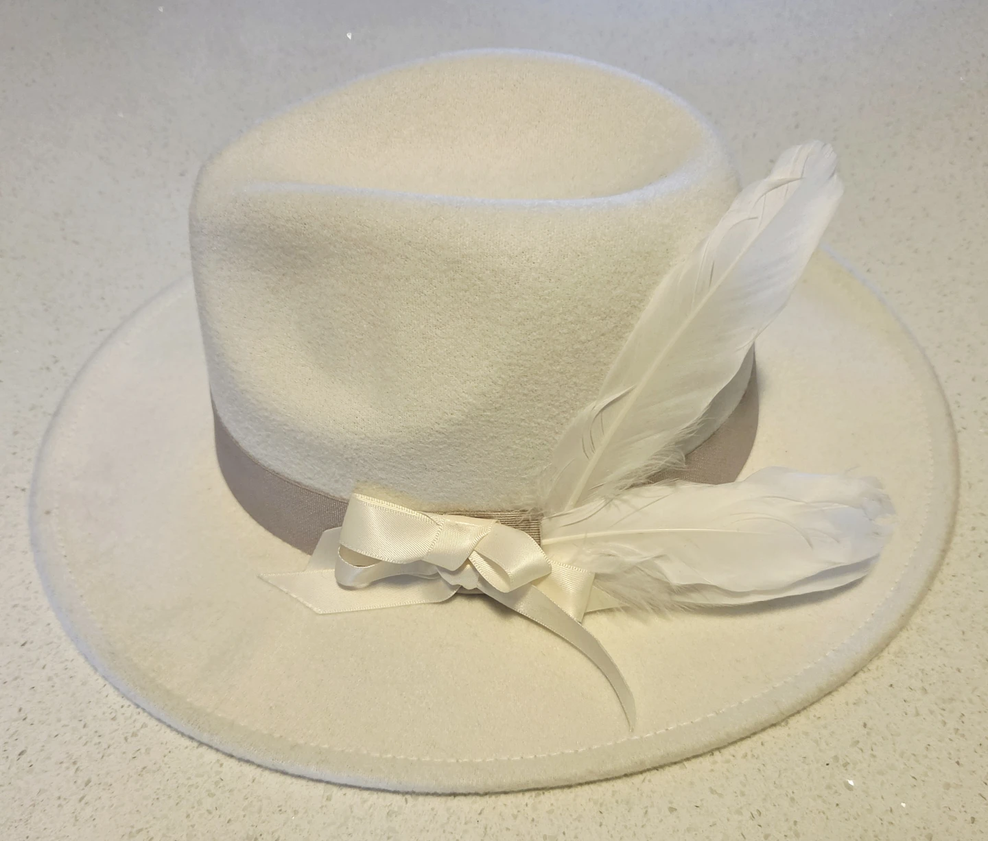 White Fedora with Ribbon and Feather Detail