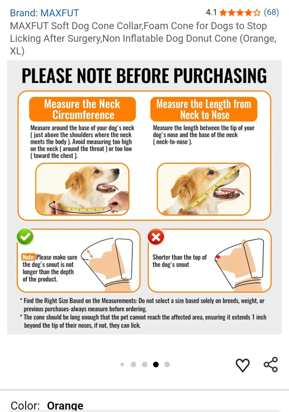 MAXFUT Soft Dog Cone Collar - Orange, XL - photo 4