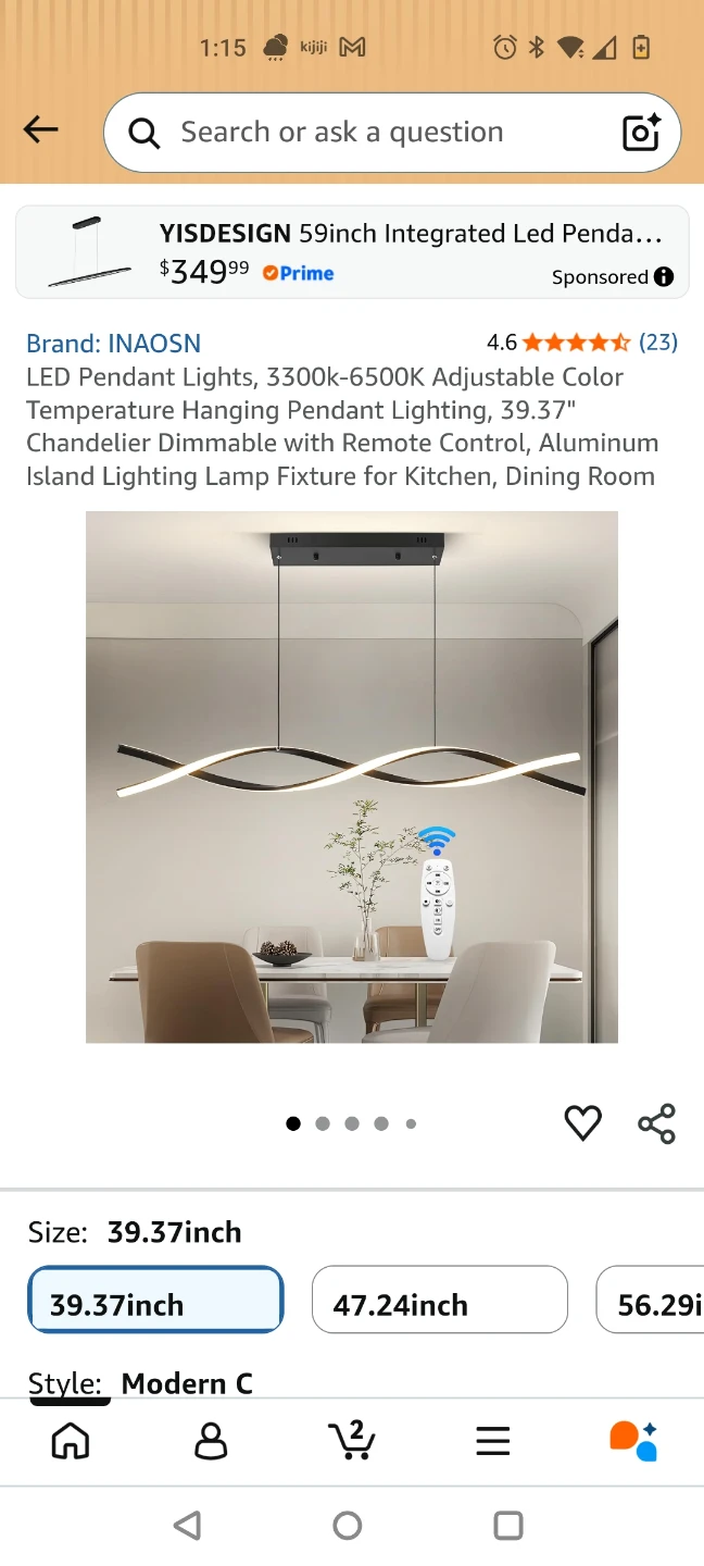 INAOSN LED Pendant Light 39.37 inch