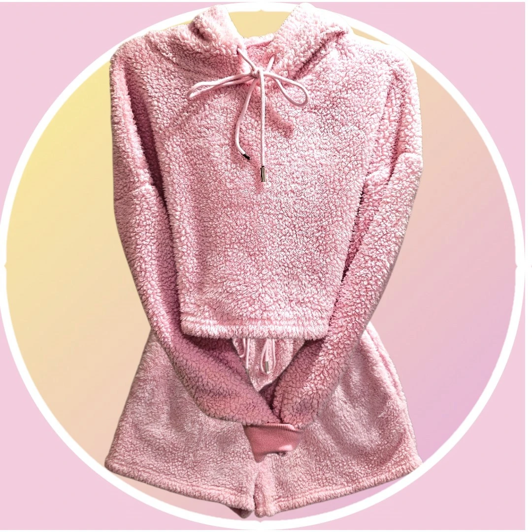 2 Piece Sherpa Hoodie w Shorts Drawstring Hood & Waistband Large - photo 5