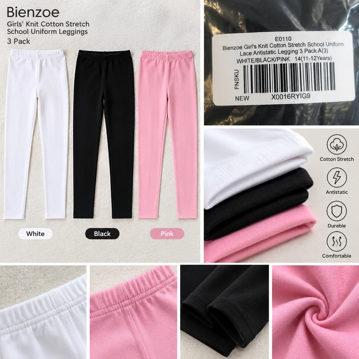 Bienzoe Girls' Cotton School Leggings 3-Pack Size 14