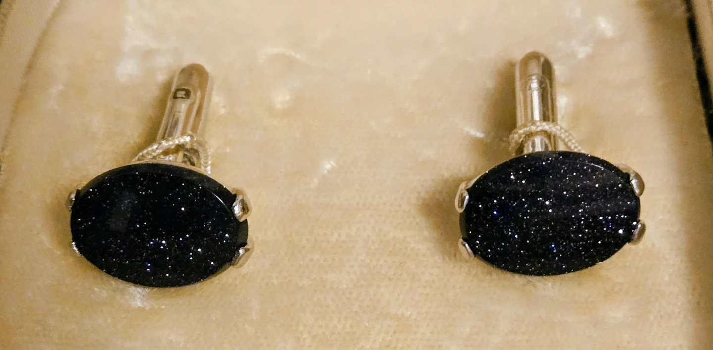 Vintage 1950's "Arrow" Blue Goldstone Cufflinks, Original Box - photo 2