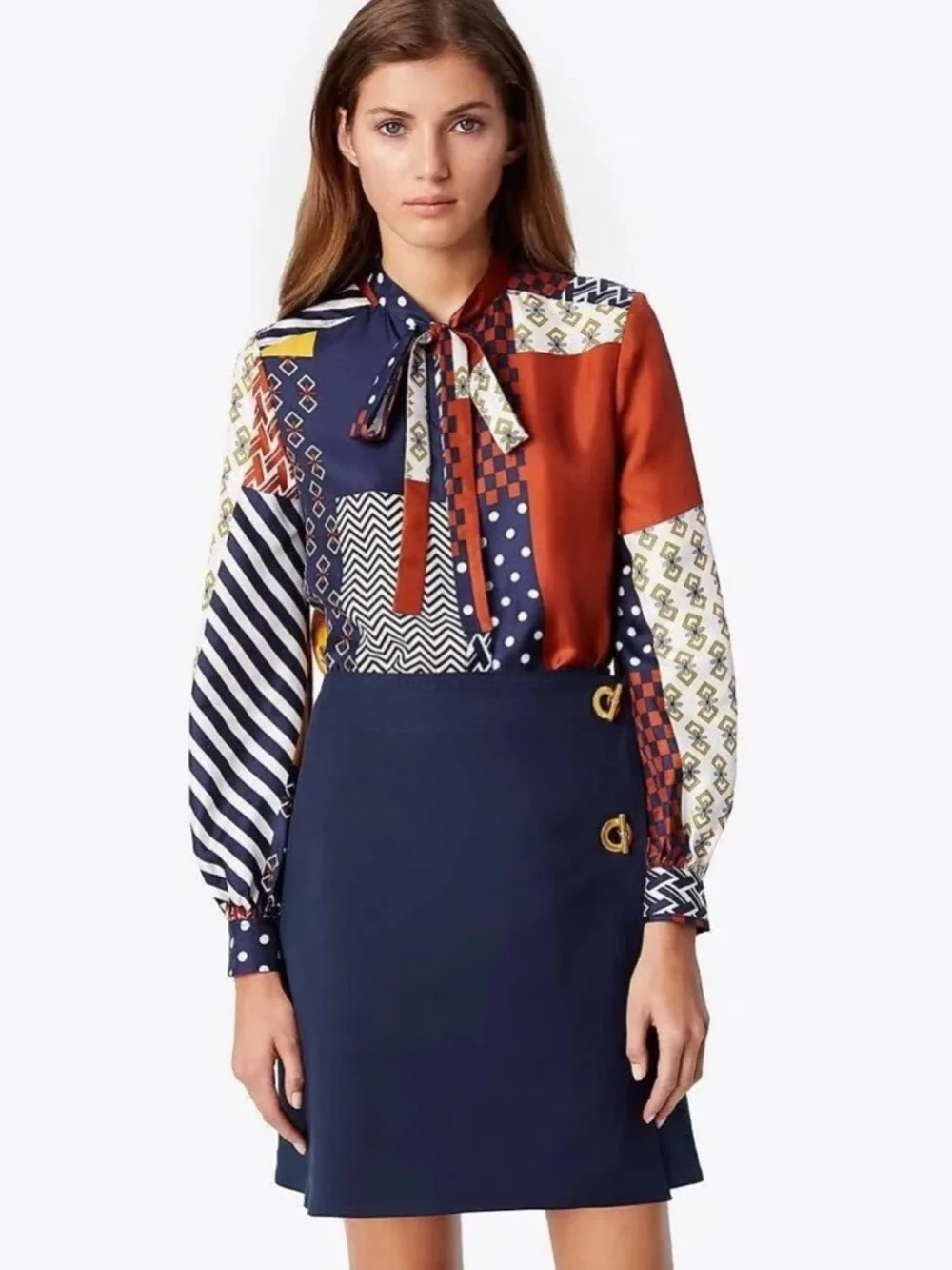 Tory  burch Patchwork Print Silk Blouse with Tie Neck