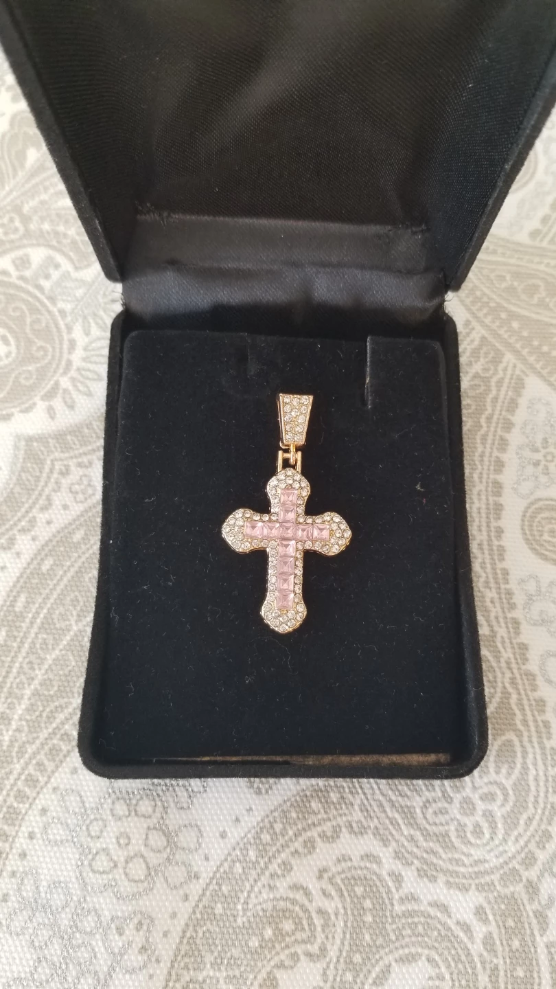 Gold-tone Pink Crystal Cross Pendant