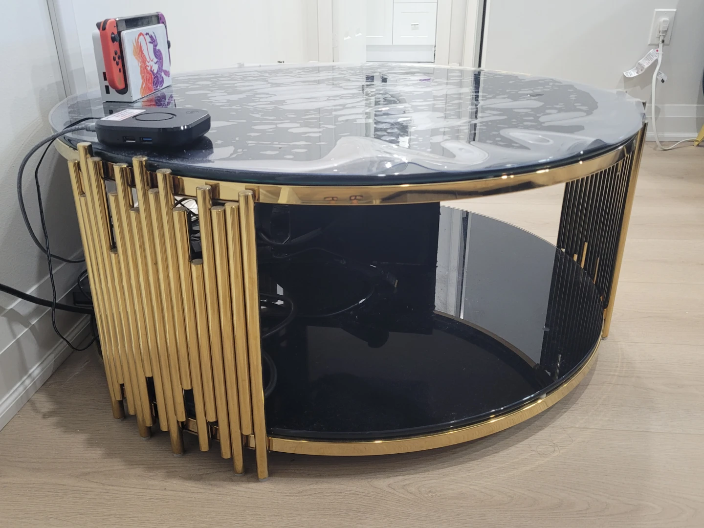 Modern Round Coffee Table with Gold Metal and Glass