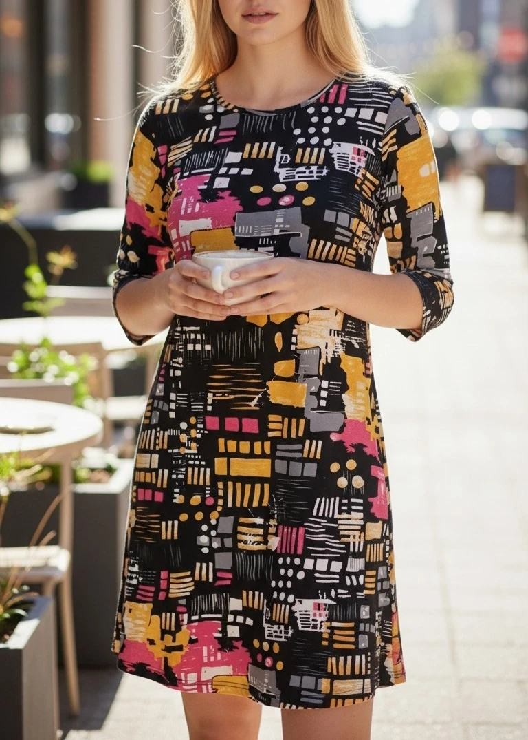Abstract Print Three-Quarter Sleeve Dress