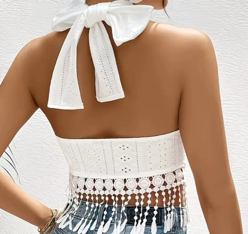 White Eyelet Crochet Halter Top - photo 3