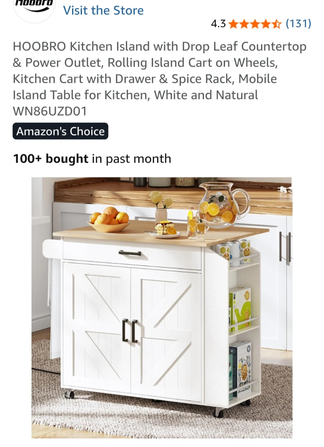 HOOBRO Rolling Kitchen Island with Drop Leaf
