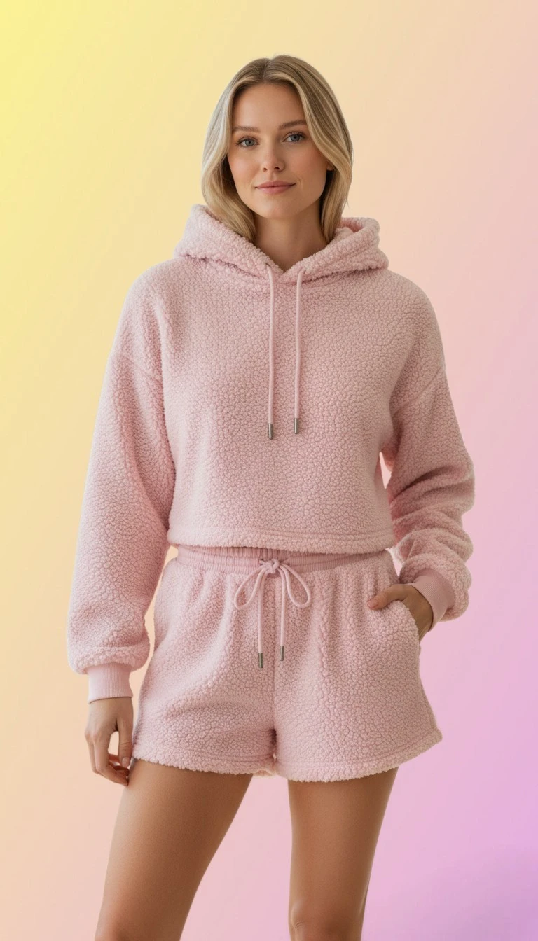 2 Piece Sherpa Hoodie w Shorts Drawstring Hood & Waistband Large