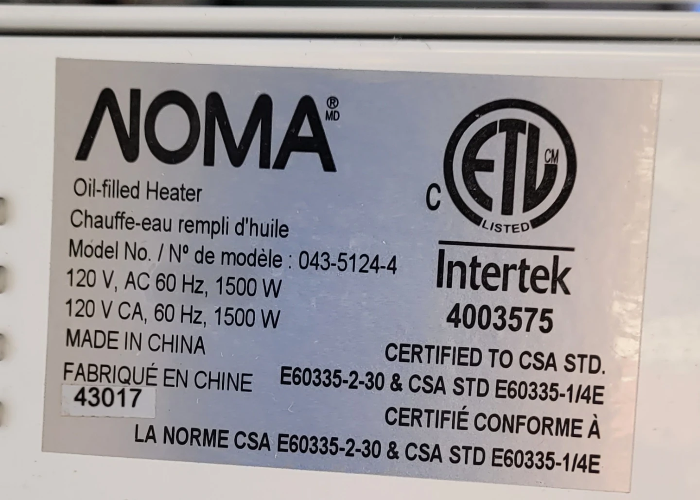 NOMA Oil-filled Heater 043-5124-4 - photo 4