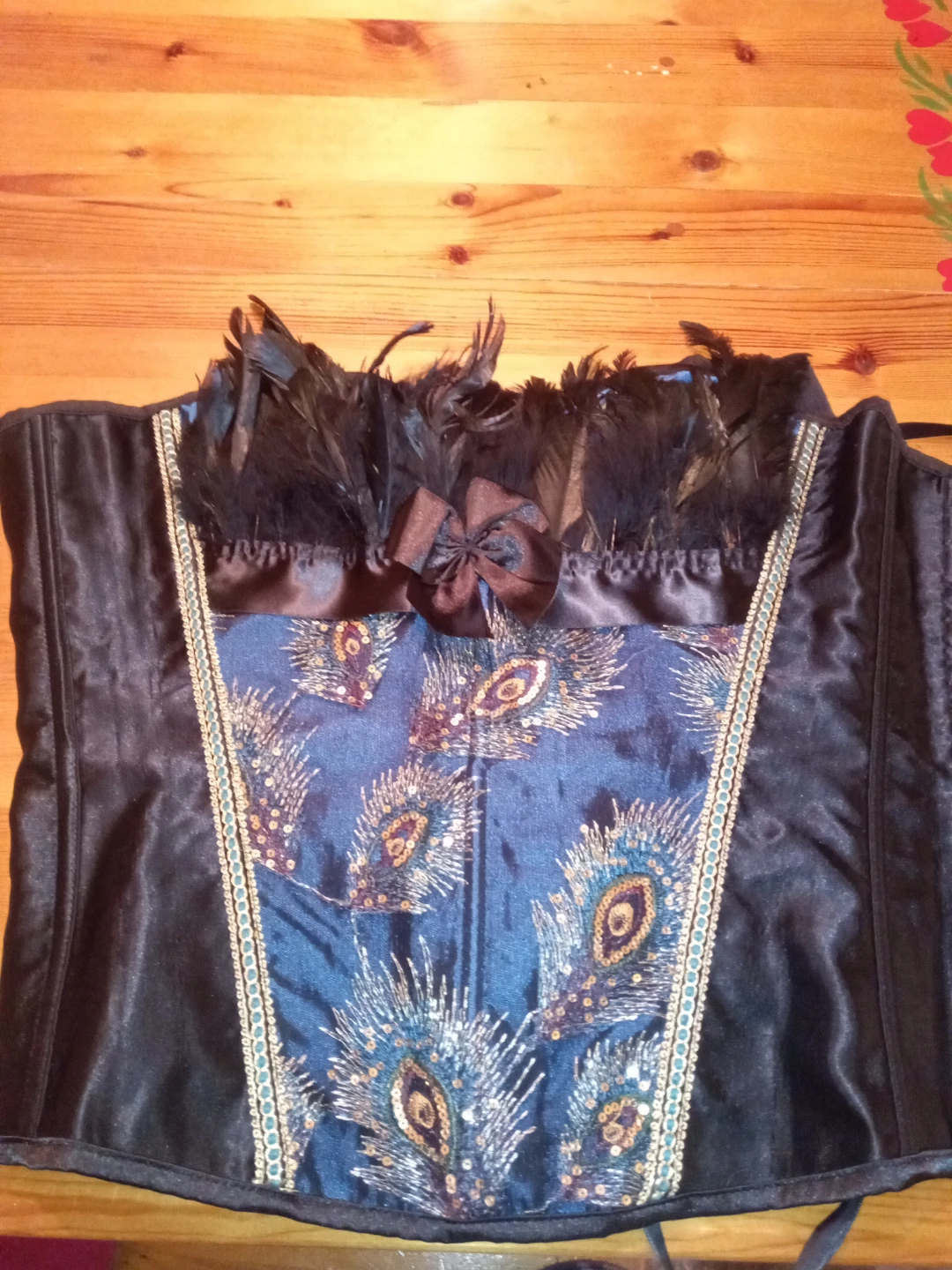 Black Corset with Peacock Panel and Feather Trim