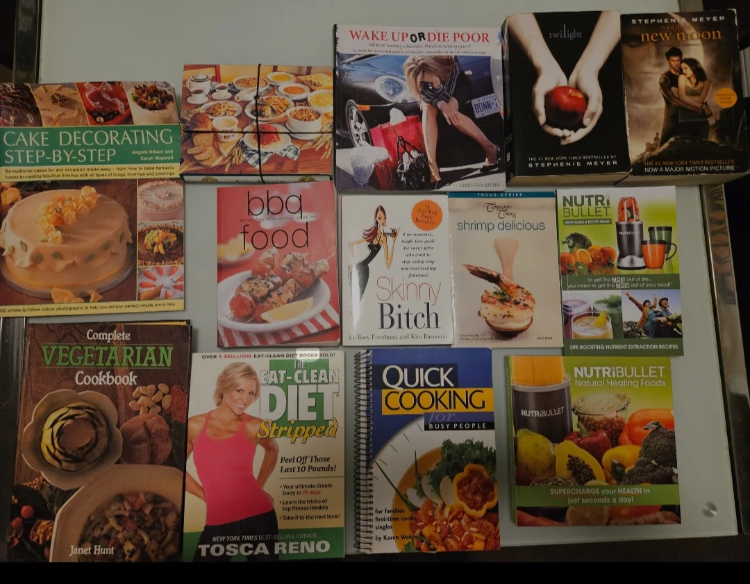 Collection of Assorted Cookbooks and Fiction Books