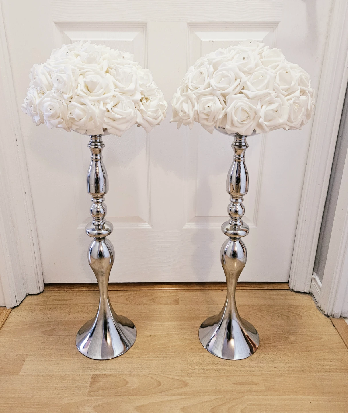 Set of 2 Silver Flower Stand Centrepieces