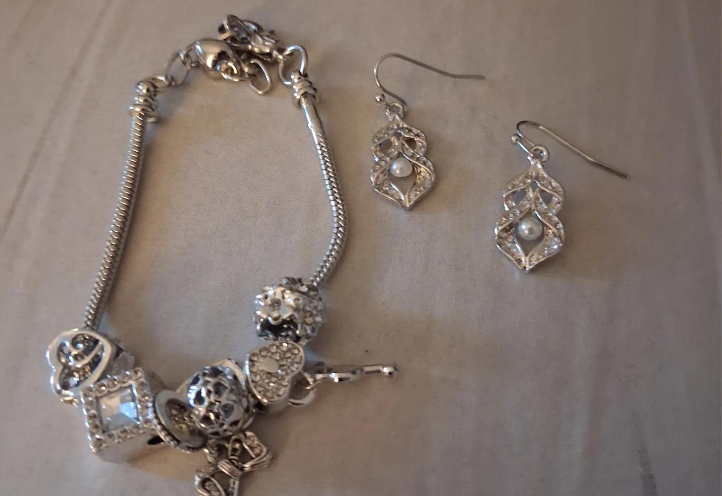 Silver Charm Bracelet and Pearl Earrings Set