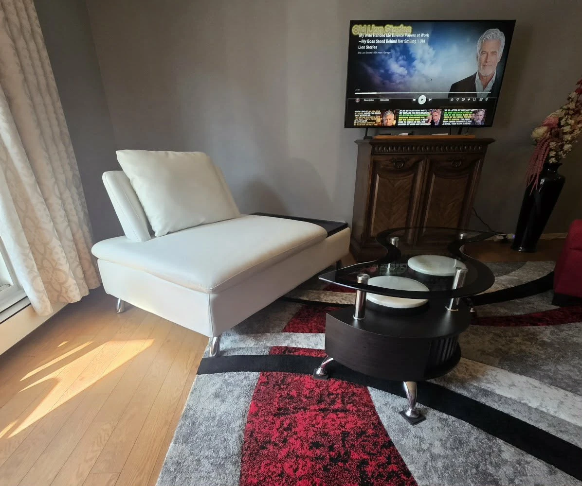 White Faux Leather Chaise Lounge & S-Shape Glass Coffee
