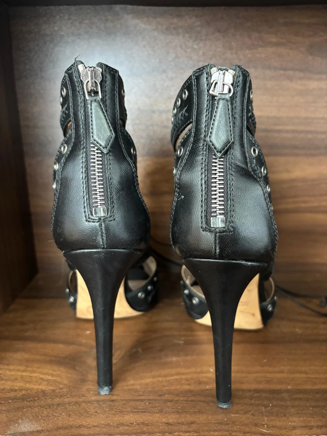Miu Miu Black Leather Grommet Lace-Up Cage Heels – Size 37.5 - photo 5