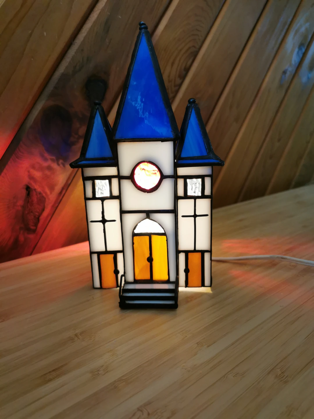Vintage Stained Glass Chapel Church Light Lamp Blue Double Tower - photo 2