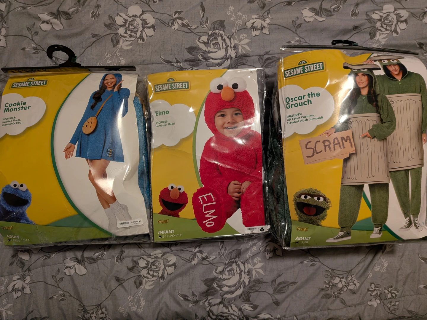 Three family Sesame Street Costumes (Adult and Infant)