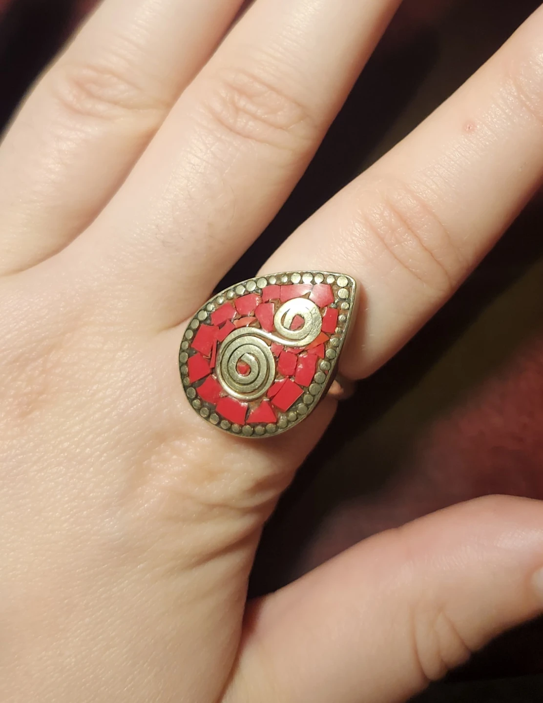 Handmade Teardrop Ring with Red Mosaic Inlay - photo 2