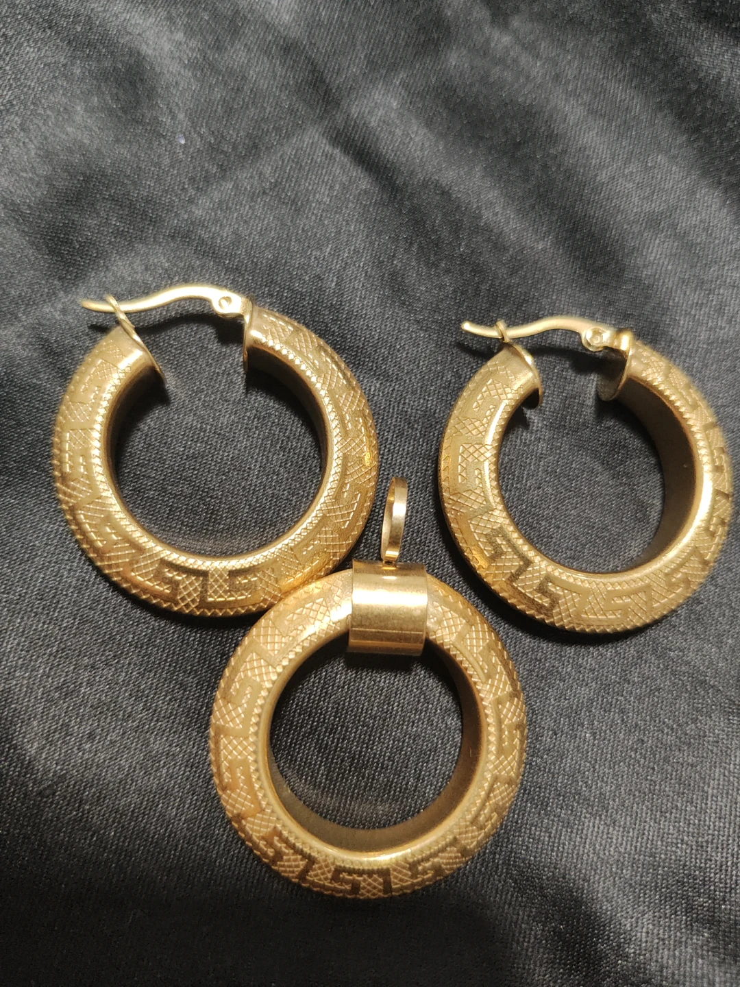 Gold-Tone Greek Key Hoop Earrings and Matching Pendant - photo 2