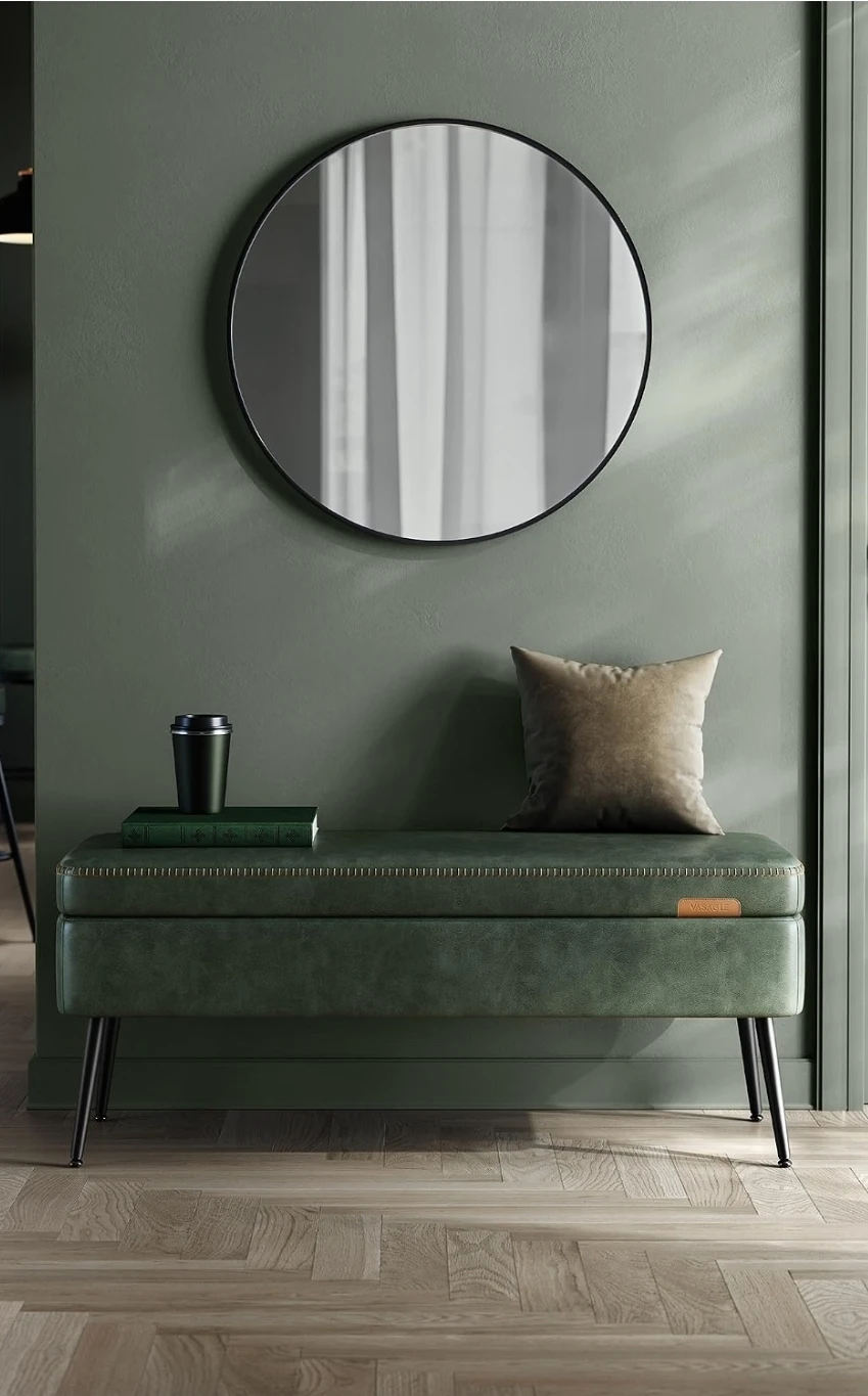 Forest Green Leather Storage Ottoman Bench *new