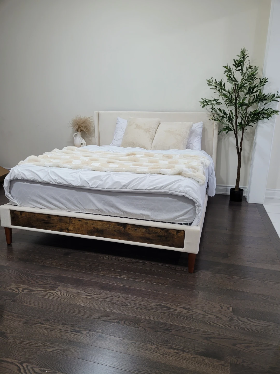 Cream Velvet Upholstered Bed Frame with Wood Accents