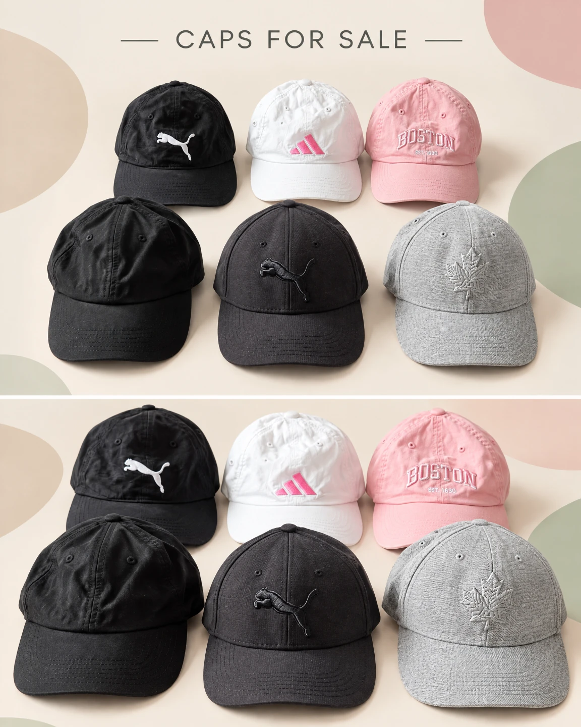 Assorted branded and decorative baseball caps
