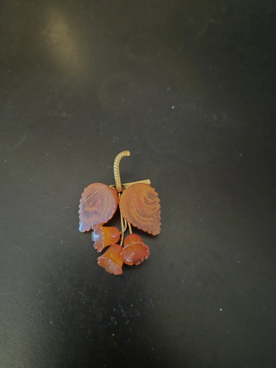 Vintage Carved Bakelite Leaf and Bell Brooch