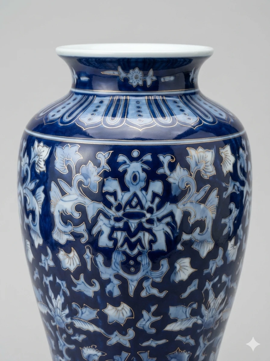 12" Chinese Satsuma Cobalt Blue Porcelain Vase - Gold Gilt Trim - photo 4