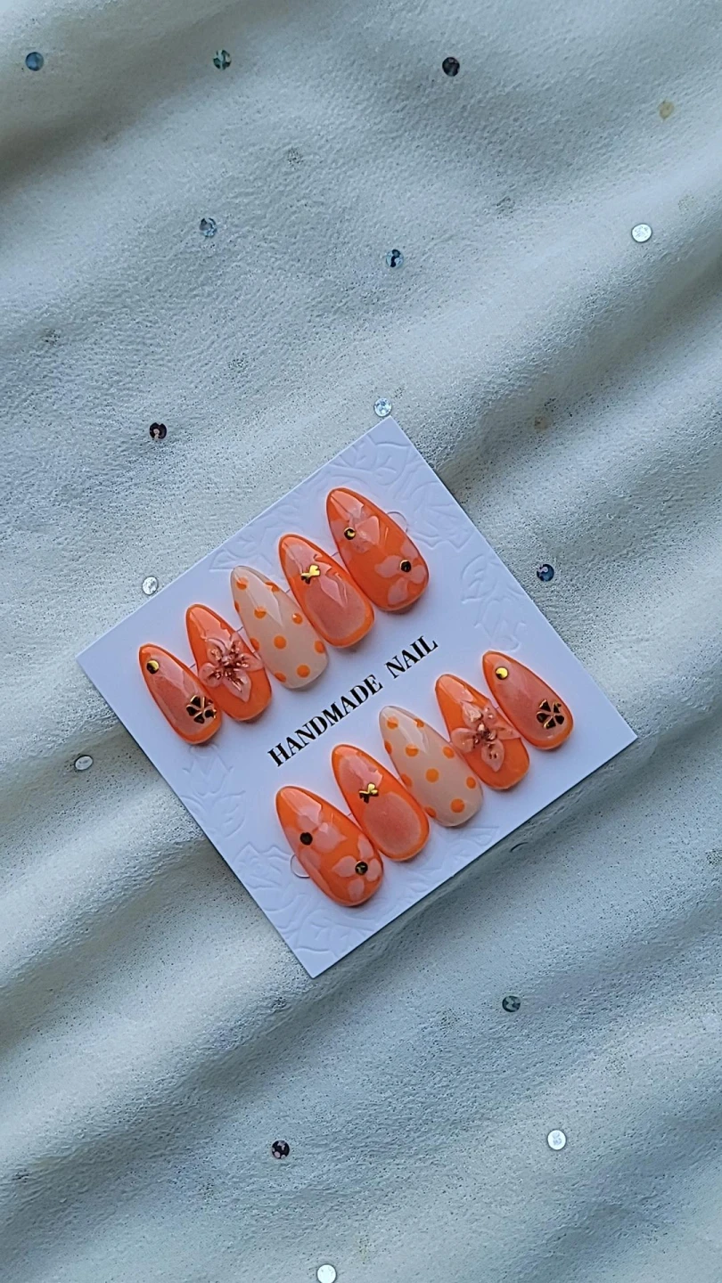 Handmade Orange Floral Press-on Nails
