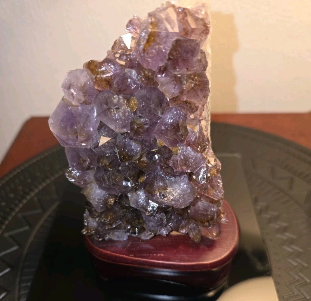 Natural Amethyst Crystal Cluster on Wooden Stand