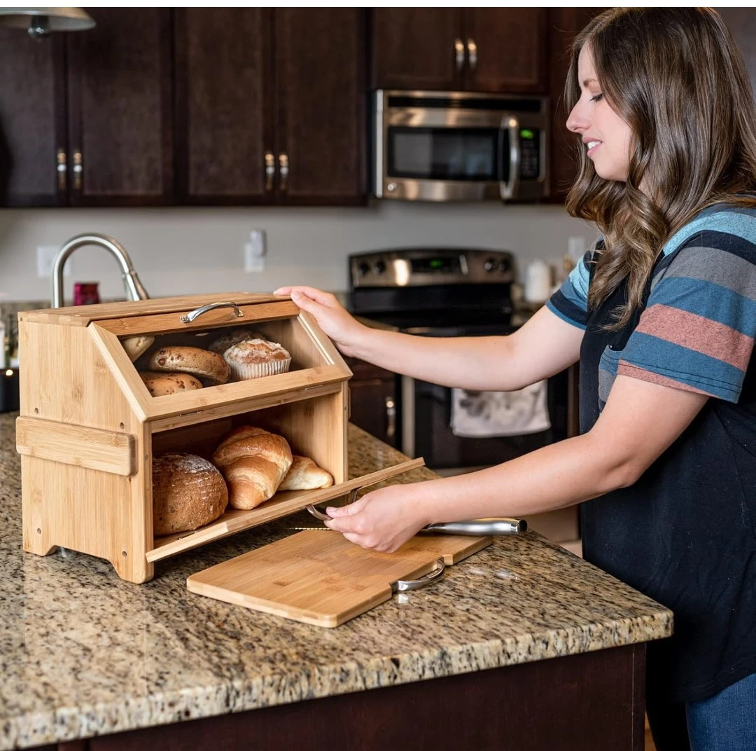New Large Two-Tier Bamboo Bread Box with Cutting Board - photo 5